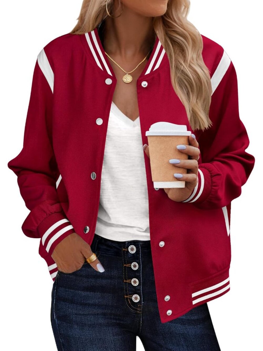 Bomber Jacket Women Varsity Casual Button Down Outfits with Pockets